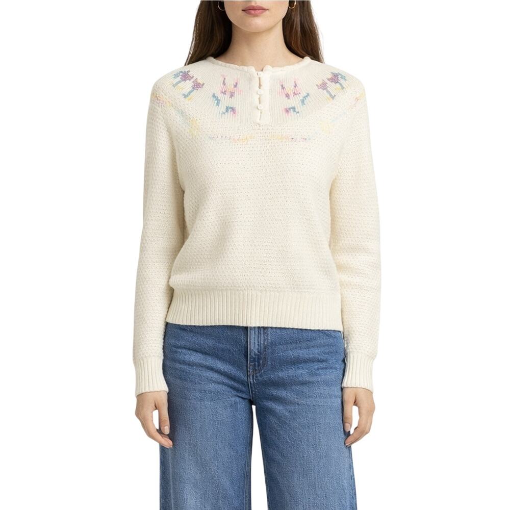 Acrylic Fibre 1970s Vintage Cream Floral Embroidered Knit Grandma Sweater Small